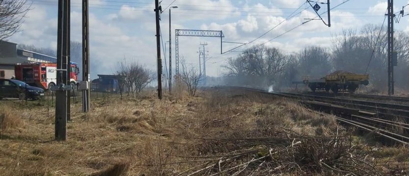 Ogień na nasypie kolejowym i wysuszonych łąkach w gminie Grzmiąca