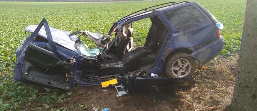Samochód uderzył w drzewo. Strażacy uwolnili zakleszczoną we wraku kobietę